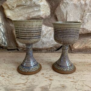 Set of two pottery goblets with purple & blue  drippy glaze.